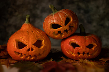 Festive scary halloween pumpkins on leaves on a dark background