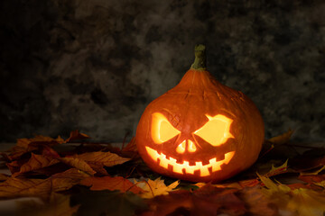 Festive scary halloween pumpkin on leaves on dark background
