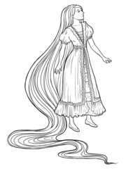Rapunzel. Girl with very long hair standing thoughtfully. Fairytale character design. Black and white vector illustration