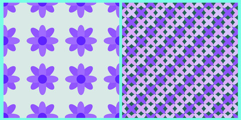 Set of vector seamless patterns. Abstract geometric pattern in purple color, on a blue isolated background. 