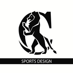 Letter C with Lion. Sporty Design. Creative Black Logo with Royal Character. Animal Silhouette. Stylish Template for Brand Name, Sports Club, Business Cards, Printing on Clothing. Vector Illustration