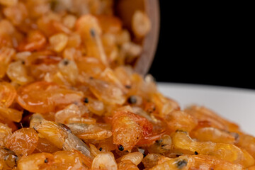 Delicious sweet shrimp traditional processed food Asian style, Small prawn boiled with sugar tasty for preserving food.