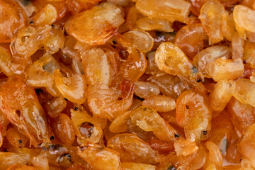 Delicious sweet shrimp traditional processed food Asian style, Small prawn boiled with sugar tasty for preserving food.