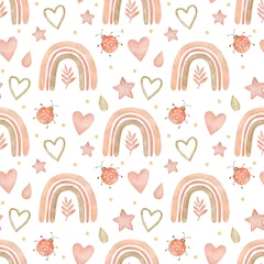 Gardinen Kinderzimmer Muster  Watercolor seamless pattern, rainbows in boho style on a white background.  © KiraKonoshenko