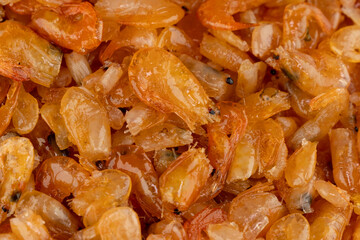 Delicious sweet shrimp traditional processed food Asian style, Small prawn boiled with sugar tasty for preserving food.