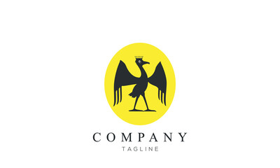 bird with crown standing high logo symbol design illustration inspiration, black king bird icon