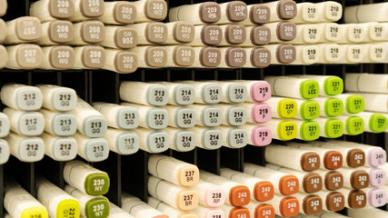 Sketching markers are arranged in cells on the shelf of a stationery store for professional artists. Alcohol markers variety background with copy space. Sale in office supplies store.