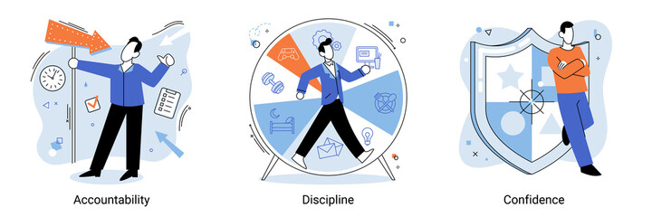 Personal quality concept creative metaphors set. Confidence, accountability and discipline, mental strength, psychological flexibility, decision making, leadership role, personal development