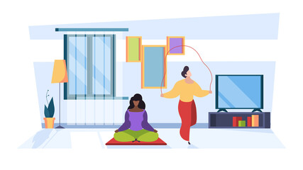 People making exercises. Sport characters healthy activities happy group in gym yoga garish vector flat abstract background stylized illustrations