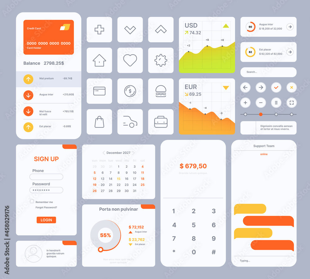 Poster Web ui templates. User kit digital infographic elements dividers search bar frames buttons slider preview icons navigation symbols garish vector collection