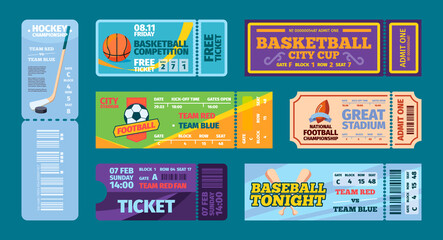 Naklejka premium Sport tickets. Football hockey action events invitation templates flyers and tickets garish vector designs collection