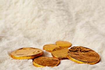 coin on white fur background