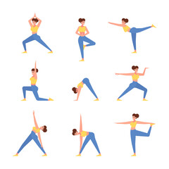 Yoga persons. Sport female characters healthy lifestyle people yoga stretch poses garish vector colored flat pictures