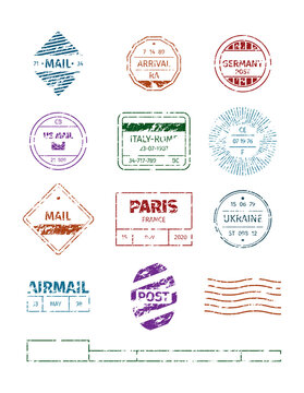 Grunge stamp. Postal round frames pattern blank stripped lines for stamps garish vector templates