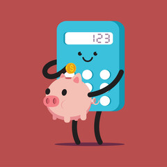 Cute calculator with money piggy bank vector cartoon character isolated on background.