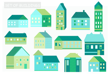 Set of vector houses in green and blue. Icons of houses.