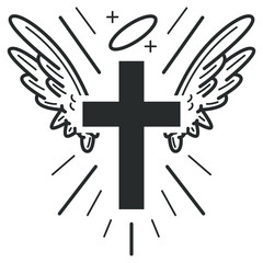 Christian cross with angel wing and halo vector icon isolated on a white background.