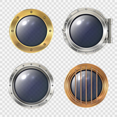Round ship window. Metallic spaceship or submarinas illuminator transparent hole futuristic rocket industry safe doors decent vector realistic templates