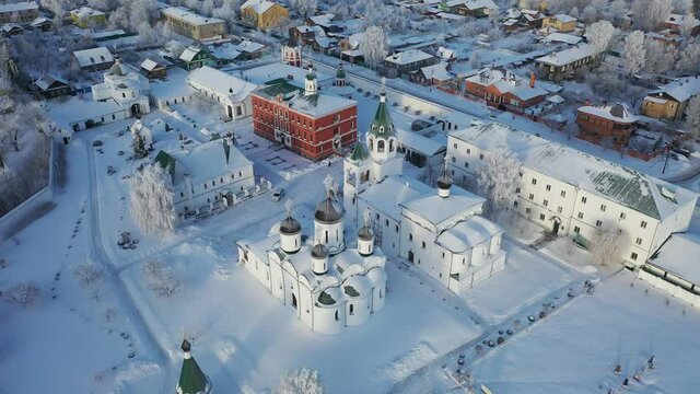 Aerial view of Spaso-Preobrazhensky monastery near the river in Murom winter, Russia.
