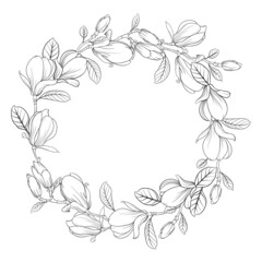 Round wreath of magnolia in black and white. Frame made of spring flowers.