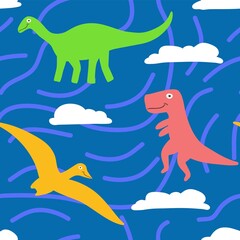 Kids dino pattern on abstact blue background with clouds. t rex, brontosaurus and Pterodactylus characters.