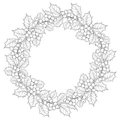 Round wreath of mistletoe in black and white. Round frame on a white background from Christmas flowers.