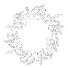Round wreath of olives branch in black and white. Frame made of olive berrie and leaf.