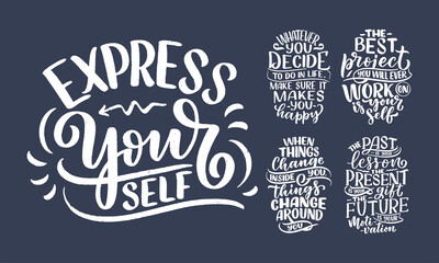 Set with lettering slogans about be yourself. Funny quotes for blog, poster and print design. Modern calligraphy texts about selfcare. Vector