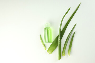 Aloe leaves and bottle with gel on white background