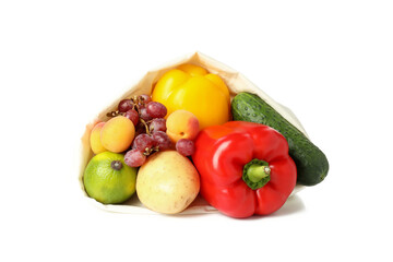 Bag with vegetables and fruits isolated on white background