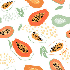 Contemporary abstract minimalistic seamless pattern with a fun bright papaya. Vegetarian, kitchen decoration, fabric, textiles. A healthy tropical exotic fruit. Vector graphics.