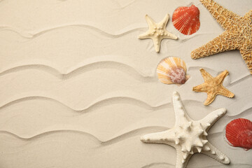 Fototapeta na wymiar Beautiful sea stars and shells on sand, flat lay. Space for text