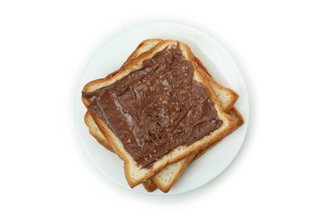 Plate with chocolate paste sandwiches isolated on white background
