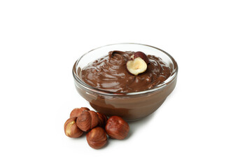Bowl with chocolate paste and nuts isolated on white background