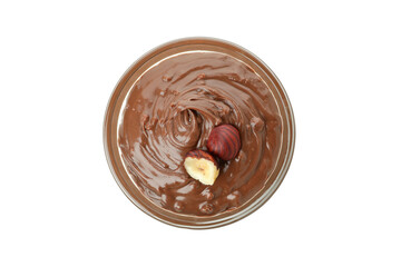 Bowl with chocolate paste and nuts isolated on white background