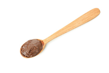 Spoon with chocolate paste isolated on white background