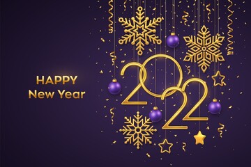 Fototapeta na wymiar Happy New 2022 Year. Hanging Golden metallic numbers 2022 with shining snowflakes, 3D metallic stars, balls and confetti on purple background. New Year greeting card or banner template. Vector.