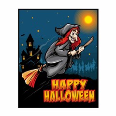 Naklejka na ściany i meble flying witch halloween poster illustration