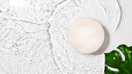 Transparent and clean white water background with podium and sunlight reflection