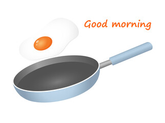Flat illustration of a frying pan with a flying egg for advertising, web, menu, restaurant. Good morning with delicious scrambled eggs breakfast.