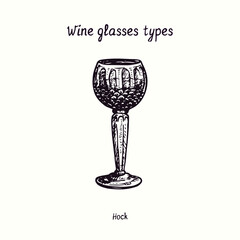 Wine glasses types collection,  Hock glass. Ink black and white doodle drawing in woodcut style.