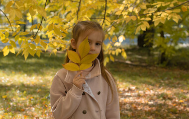 Close-up portrait of pretty little girl resting in autumnal park.