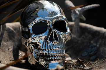 Halloween background. Metallic human skull close up.