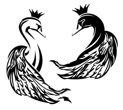 elegant princess swan bird profile head with bent neck, wing and royal crown - black and white vector design set of odette and odile portraits