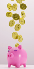 concept of savings money. piggy bank with dollar coins 3d render on pink tone.