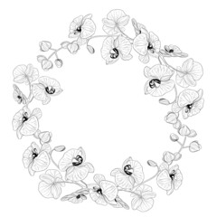 Round wreath of tropical flowers in black and white. Frame made of orchids.