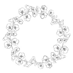 Round wreath of yapan apple in black and white. Frame made of spring flowers.