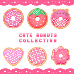Pink Donut vector set isolated on white background. Top View Donuts collection into glaze with strawberry. flat design illustration. cute cartoon sweets and desserts. different shape of donut.