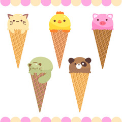 Cute Animal Ice cream cone. Soft serve ice cream. waffle cone .Cute element for decoration. Sweet and dessert.Vanila , Orange , Strawberry , choholate , Matcha green tea flavor.