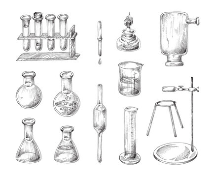 Chemistry science laboratory experiment set in retro sketch style